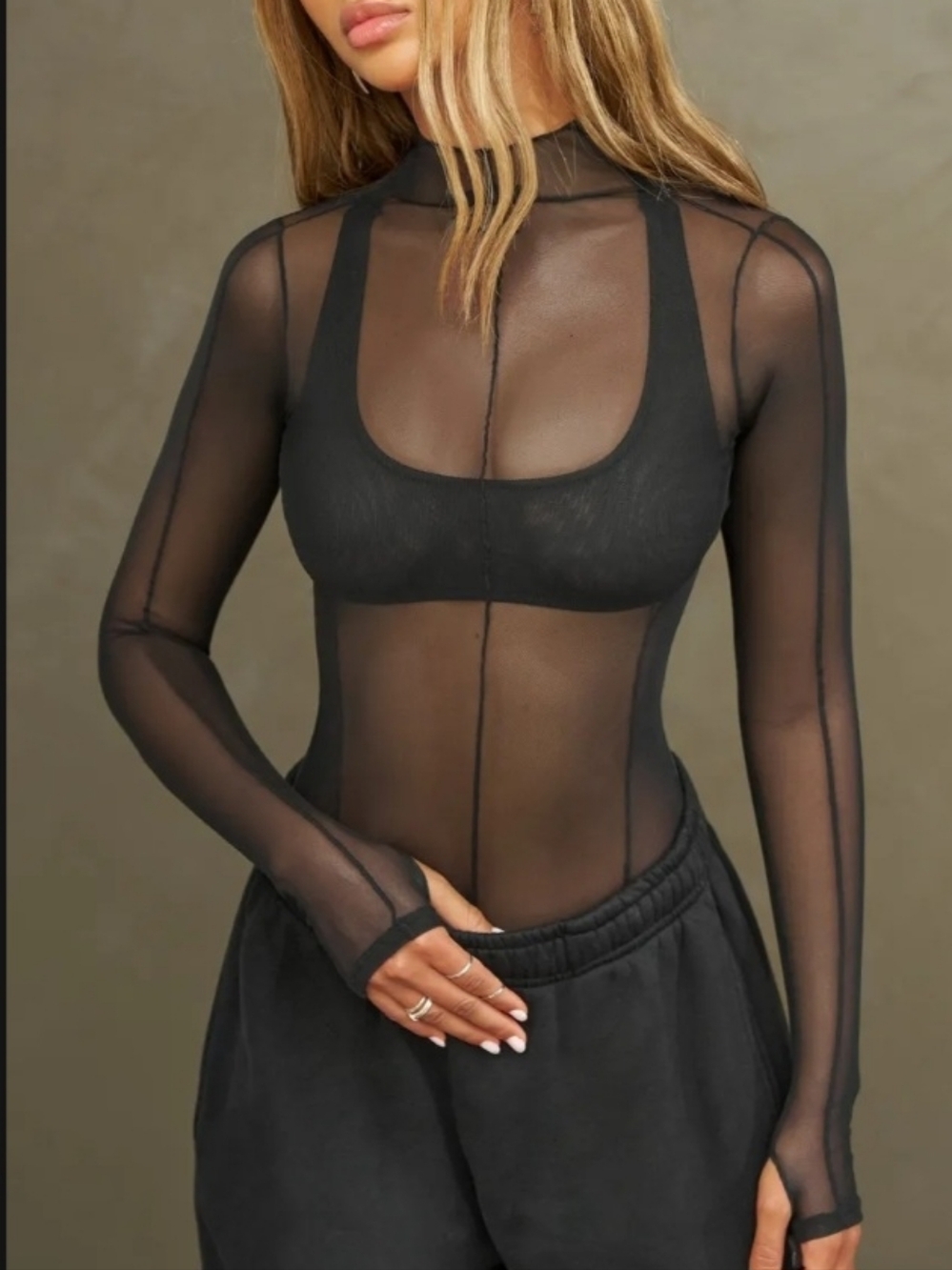 Joah Brown- Black Mesh Long Sleeve Bodysuit